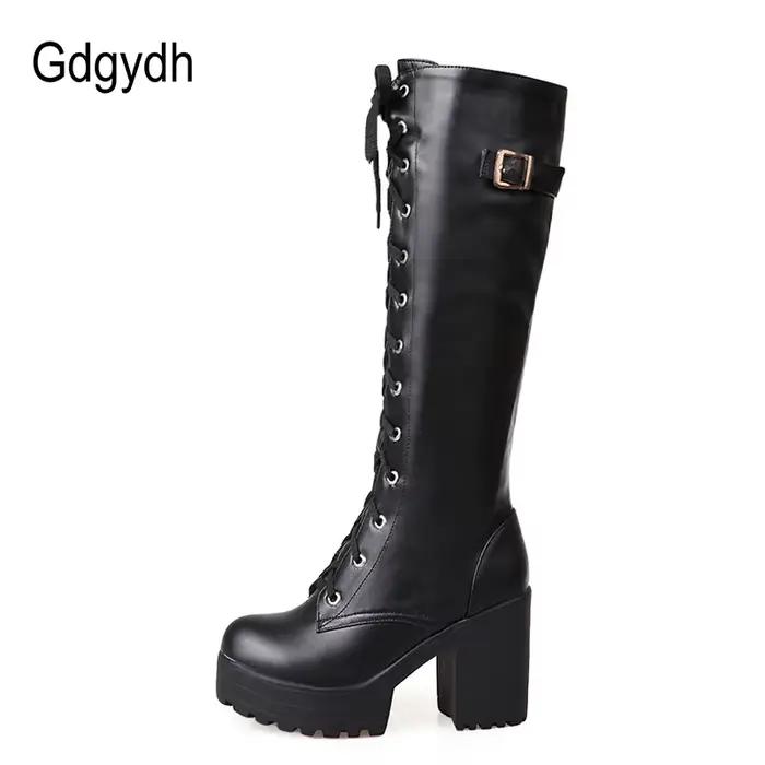 Gdgydh offre spéciale printemps automne laçage genou bottes hautes femmes mode blanc talon carré femme chaussures en cuir hiver PU grande taille 43