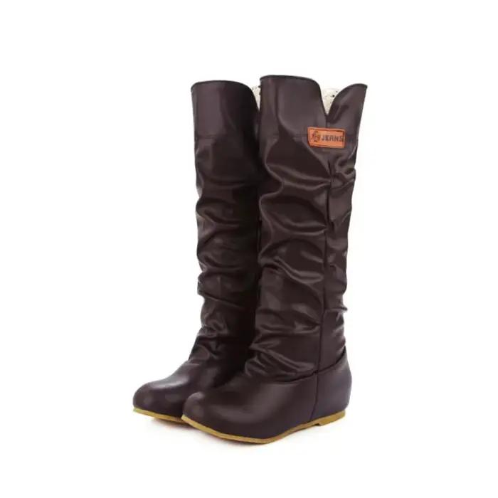 Genou bottes hautes femmes talon plat mode plissé bout rond marron