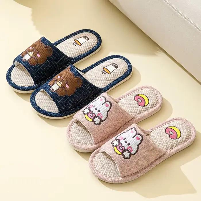 Chaussons en lin et coton pour toutes les saisons, unisexes, respirants, à semelle souple, antidérapants pour sols en bois dur, pantoufles d'intérieur pour couple