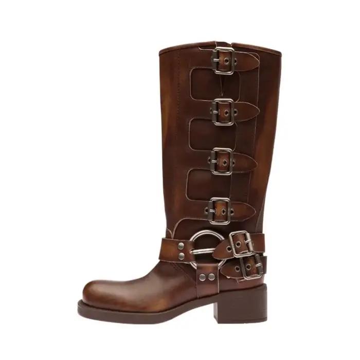 Bottes en cuir véritable marron pour femme