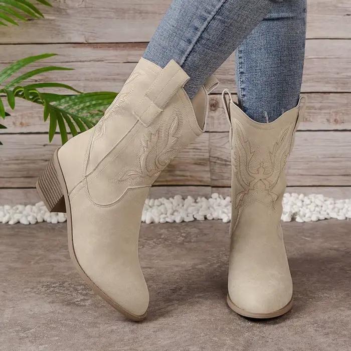 Chaussures pour femmes, nouvelles bottes de cow-boy brodées, bottes à bout pointu et talon épais pour femmes, bottes hautes pour l'automne, Botas De Mujer