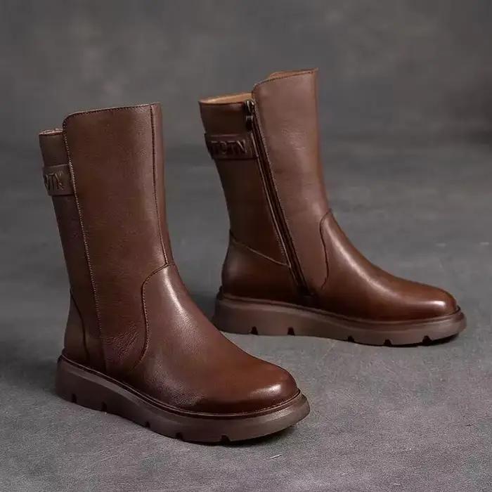 Bout rond femmes demi bottes hautes élégant mode dames mi-mollet chaussures concepteur de luxe qualité