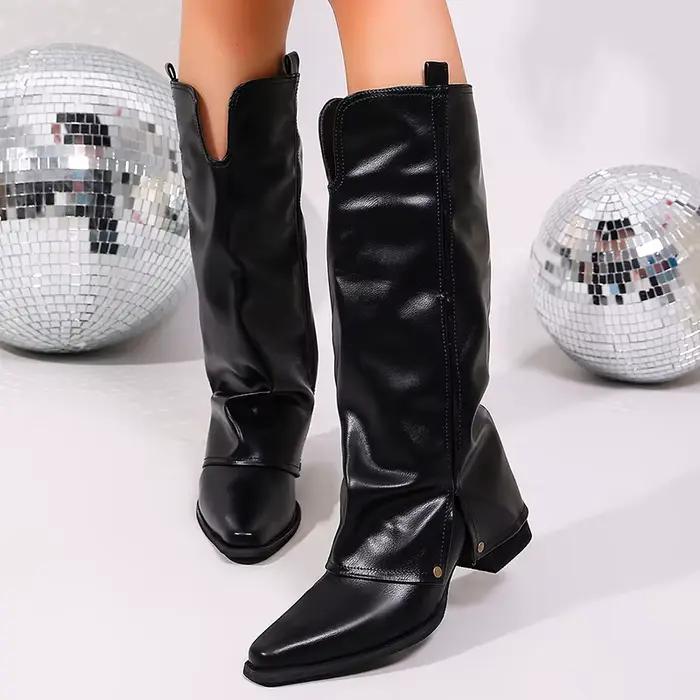 Bottes mi-mollet plissées en cuir PU noir pour femme, collection automne 2026, à bout pointu et talon épais, grandes tailles 42, bottes à talons hauts