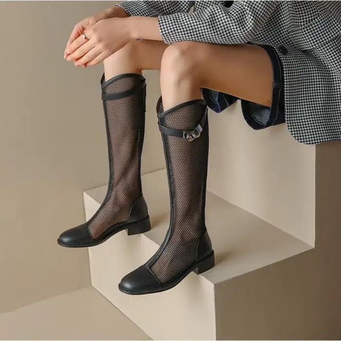 Femme été genou-haut maille bottes hautes femmes respirant maille chevalier bottes talon épais haut moto bottes Botas Mujer