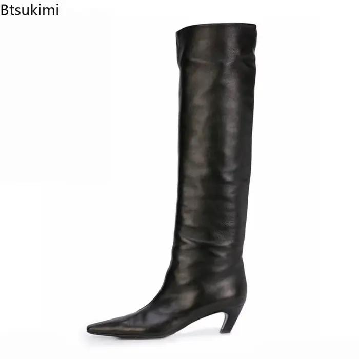 Femmes Sexy marron daim bout pointu mi-mollet bottes mode chaton Med talons sans lacet haut longues chevalier