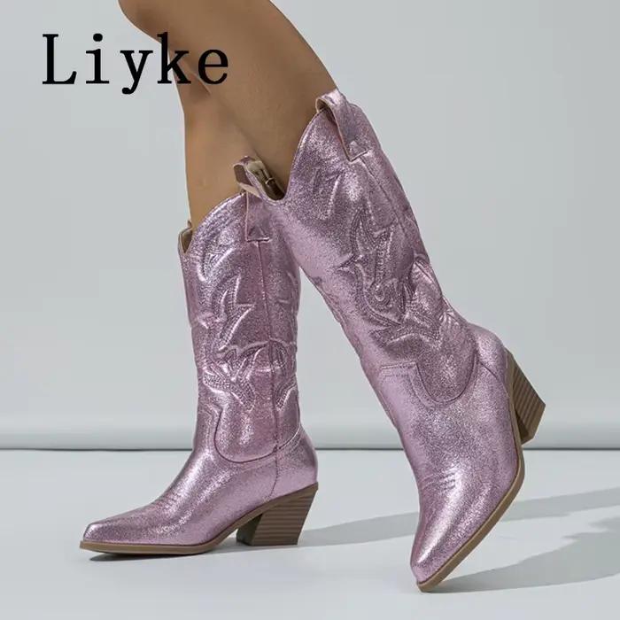 Bottes de Cowboy en Cuir pour Femme Style Occidental Haute Qualité Élégantes à Offrir Occasions Spéciales Hiver Confortables