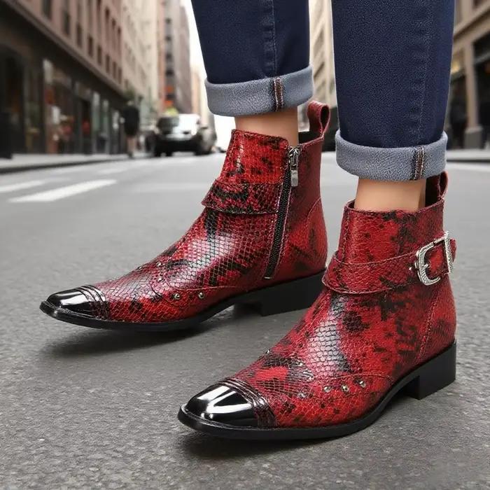 Bottes courtes brillantes à motifs de serpent pour hommes, avec boucle à rivets en métal, bottes courtes de Style de rue tendance et personnalisées