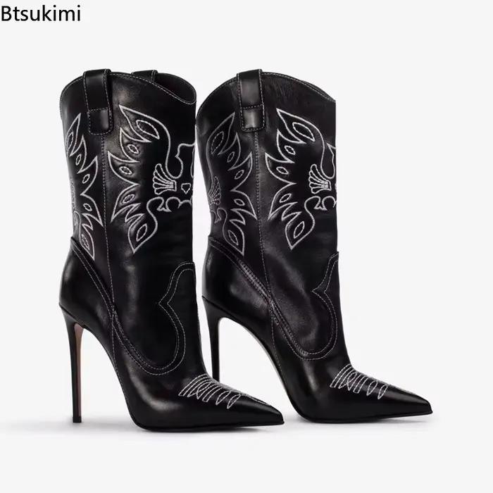 Nouvelles Bottes Western Brodé Charm pour Femme Printemps-Automne 2026 – Style Rétro Décontracté Sexy Bleu pour Dames, Bottines en Jean