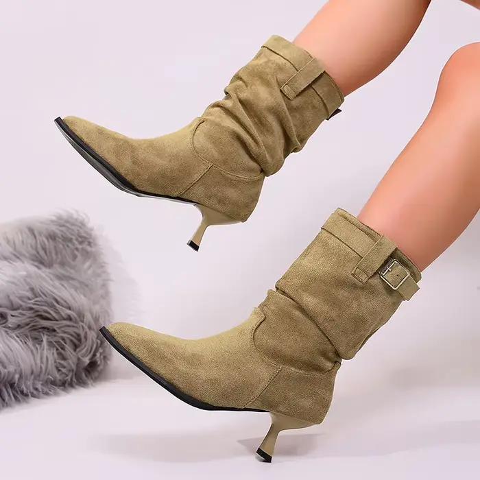 Bottines plissées à talons hauts pour femmes, collection automne 2026, en faux daim, à talon fin, bottes courtes à bout pointu, style cowboy