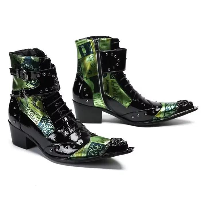 Bottes pointues en cuir verni pour hommes
