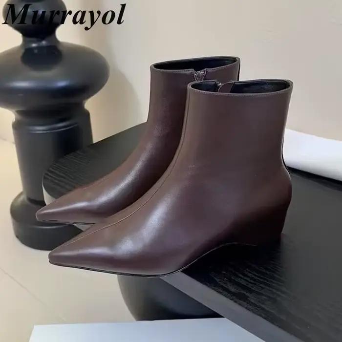 Femmes talon épais bottes courtes en cuir véritable bout pointu fermeture éclair conception cheville Botas dames