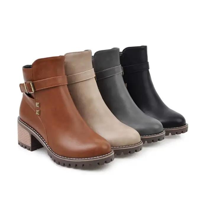 Bottines à la cheville vintage en patchwork de cuir pour femmes, talon bas, semelle en caoutchouc, automne hiver, pour toutes les occasions