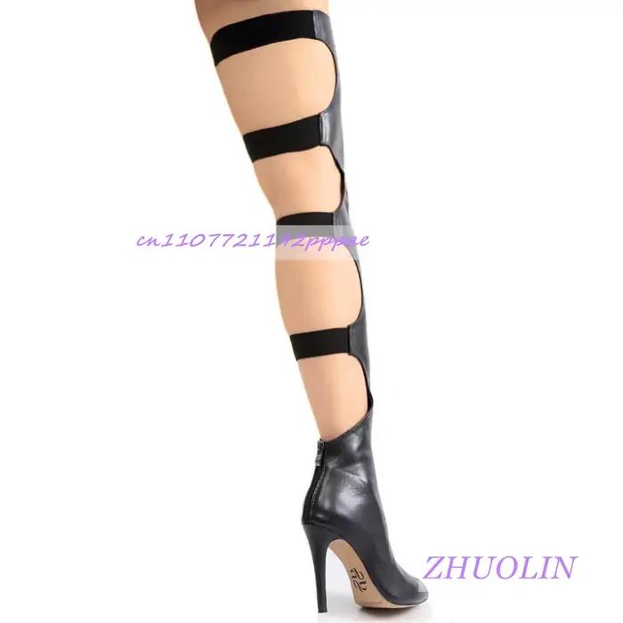 Bottes au dessus du genou en cuir noir à bout ouvert, Style de rue, sandales d'été à talons aiguilles et bout ouvert pour femmes, sandales à fermeture éclair au dos pour boîte de nuit