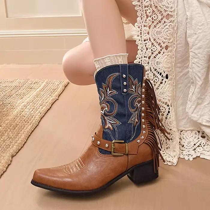 Bottines de cowboy brodées mi-hautes pour femmes, nouveauté 2026
