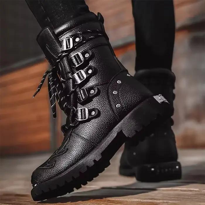 Bottes de moto pour hommes bottes d'extérieur quatre saisons mode chaussures de cyclisme haut hommes botte décontractée bottes en cuir PU grande taille 46