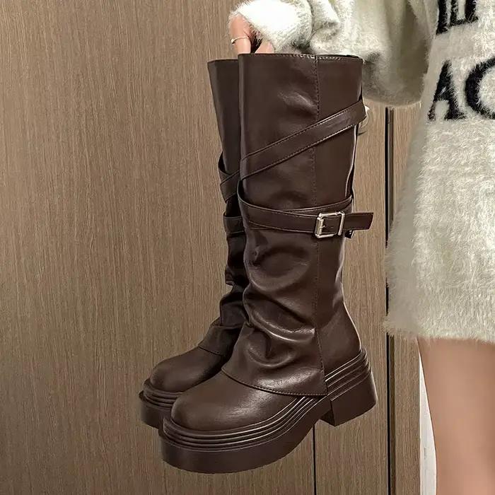 Vintage talon épais femmes chevalier bottes longues mode sans lacet genou chaussons hauts automne hiver chaussures Zapatos De Mujer