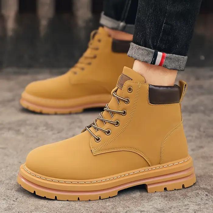 1 paire de bottes hautes tout-terrain robustes MAINALUN pour hommes et femmes - Tige en PU/tissu, bottes à lacets beige/brun avec