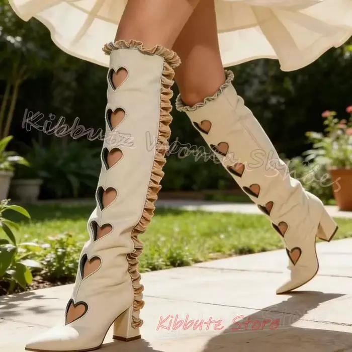 Nouvelles Bottes Sandales Plissées Montantes en Cuir Uni à Talons Carrés et Bout Pointu avec Dentelle Cœur pour Femme – Mode, Luxe, Élégance