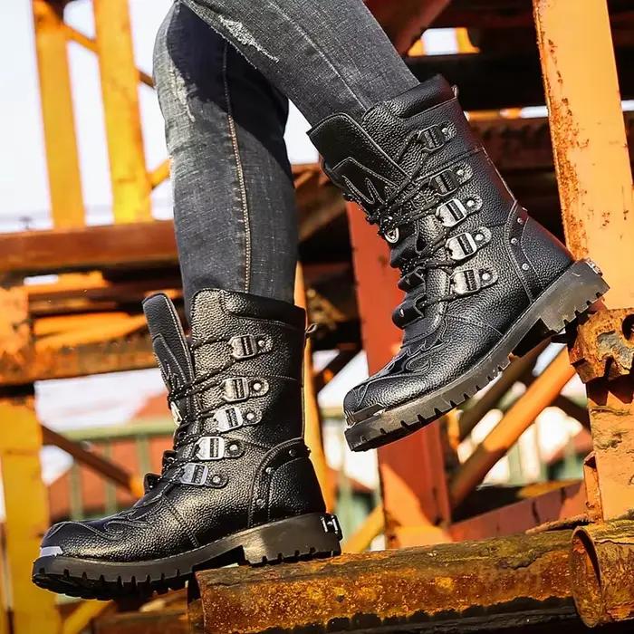 Bottes de moto pour hommes bottes d'extérieur quatre saisons mode chaussures de cyclisme haut hommes botte décontractée bottes en cuir PU grande taille 46