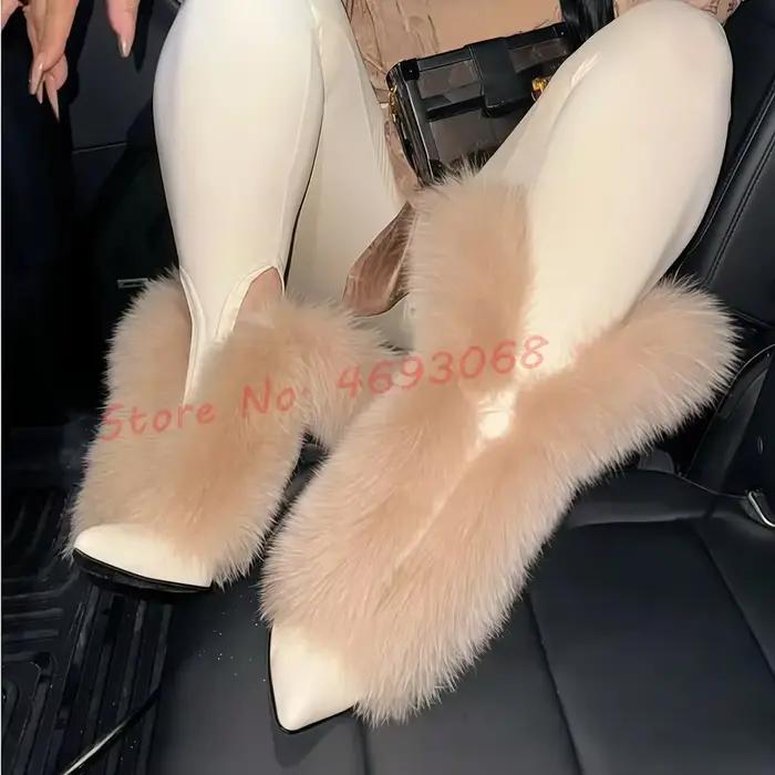 Bottines pointues en peluche pour femmes, chaussures courtes à lacets en fourrure blanche, talon aiguille haut, chaussures de luxe à enfiler, à la mode, nouvelle collection