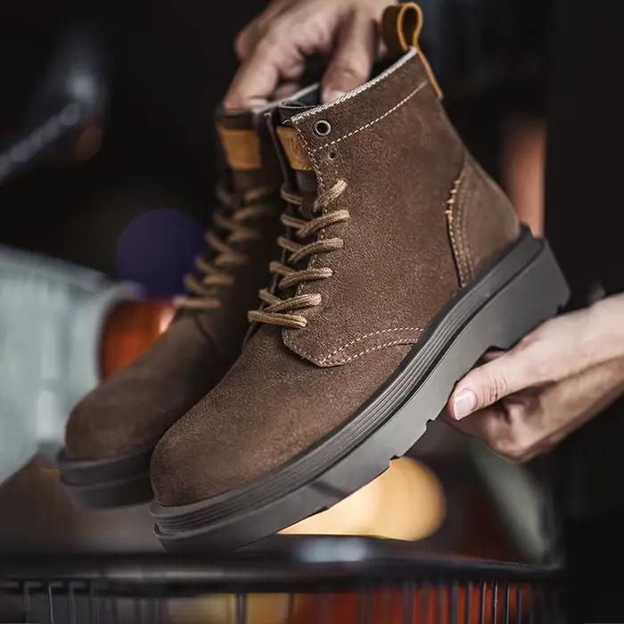 Bottes de travail d'hiver vintage marron Maden, bottes décontractées en daim à tige haute, semelles épaisses, bout rond, chaussures à lacets pour hommes