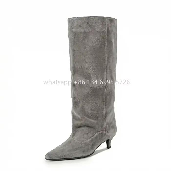Bottes hautes en daim véritable pour femme élégantes à enfiler pour mollets larges et talons fins automne printemps occassions spéciales à offrir