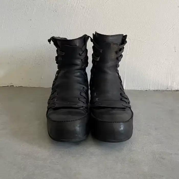 Bottes de marche noires à nouer sur le côté bout rond semelles épaisses cuir véritable pour hommes style streetwear printemps automne ocassions spéciales