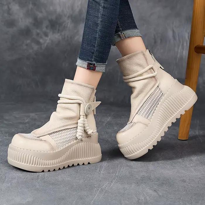 GKTINOO rétro évider 8 cm bottes à talons épais pour les femmes ZIP plate-forme en cuir véritable bottes d'été à lacets bottines
