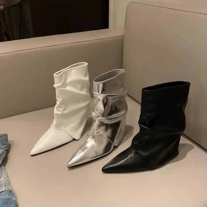Bottines d'hiver à talons hauts pour femmes, bottes Chelsea noires et argentées, antidérapantes, résistantes à l'usure, tendance, courtes