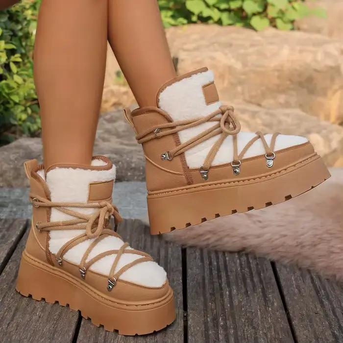 Bottes de neige d'hiver à semelle épaisse doublées de polaire pour femme, grandes tailles, chaudes, en coton, à lacets, style court