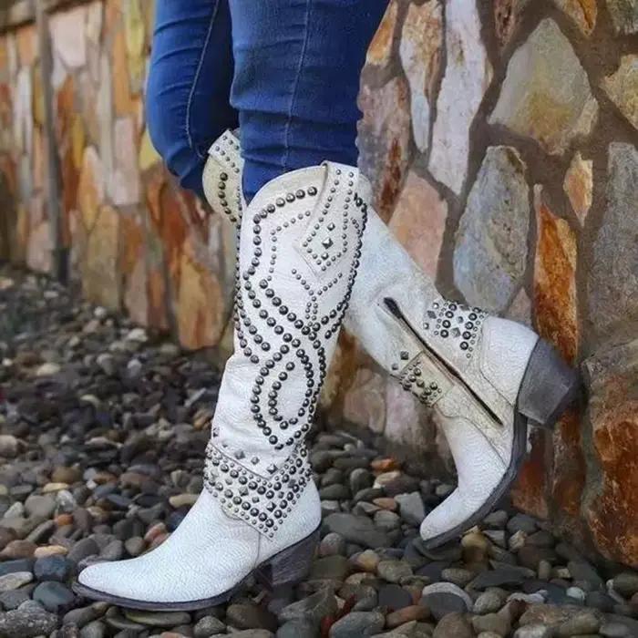 Bottes à tube long pour femmes d'automne et d'hiver avec rivets au talon moyen