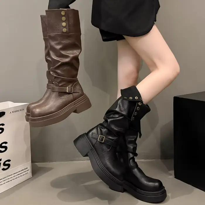 Bottes pliables à double boucle de ceinture pour femme
