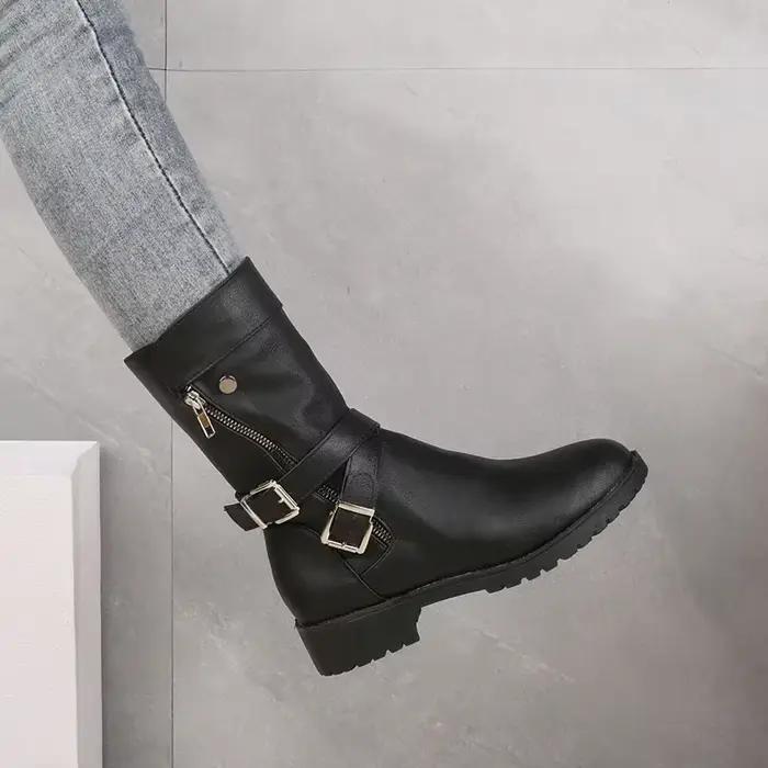 Chaussures femmes bottes en cuir rétro boucle De ceinture mi-mollet bottes bout rond 2023 nouvelles bottes décontractées imperméables femmes Botas De Mujer