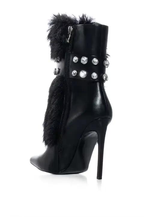 Bottines noires en fausse fourrure pour femmes, avec strass, bout pointu, fermeture éclair latérale, talon aiguille, style punk, pour club, scène, soirée, taille 44