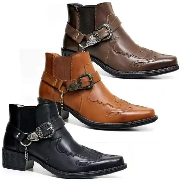 Mode 2025 hommes Vintage Cowboy bottes en cuir haut chaîne boucle sangle Punk chaussures bout pointu Biker