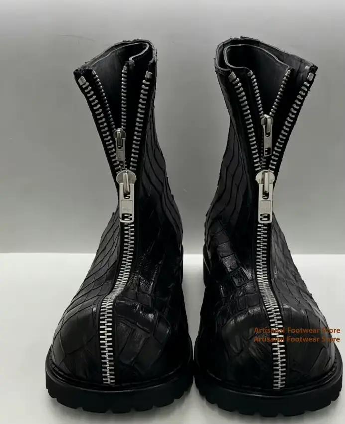 Bottes mi-mollet gothiques tendance pour hommes en cuir noir gaufré croco avec fermeture éclair avant
