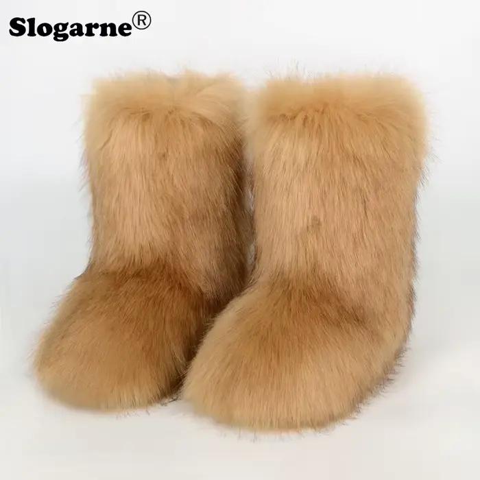 Dames Sexy fausse fourrure de renard bottes femmes moelleux fourrure bottes de neige femme hiver chaud en peluche plate-forme chaussures fourrure Bottes de luxe Bottes