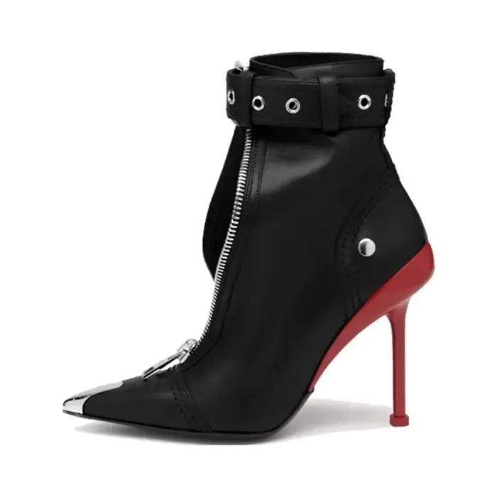 Boucle de ceinture avant fermeture éclair défilé de mode bottes courtes femmes automne hiver nouvelle décoration en métal pointu rouge talons hauts bottines