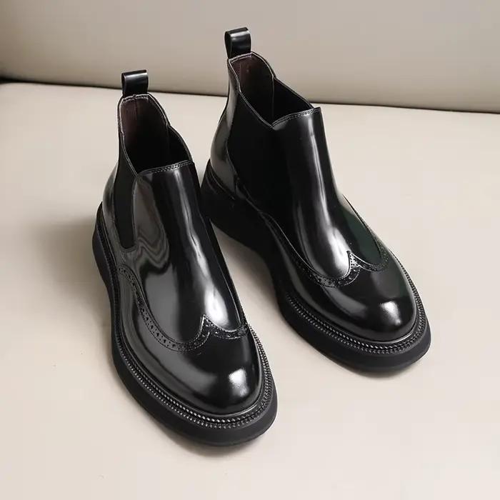Bottes Chelsea style homme, sculpture Brock, semelle épaisse rehaussée, britannique brillante, bottes en cuir véritable à bout rond pour homme