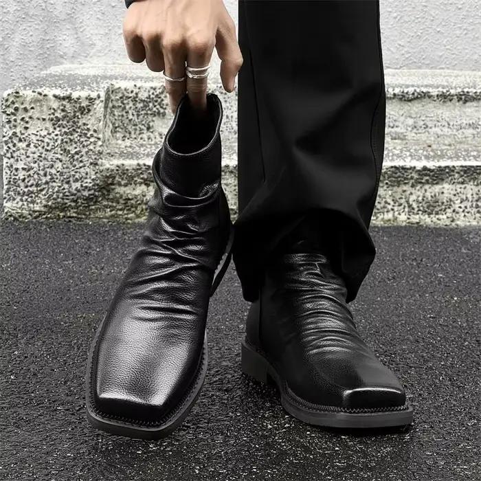 Vente chaude bottes en cuir pour hommes mode bout carré drapé décontracté Chelsea botte britannique haut de gamme Cool