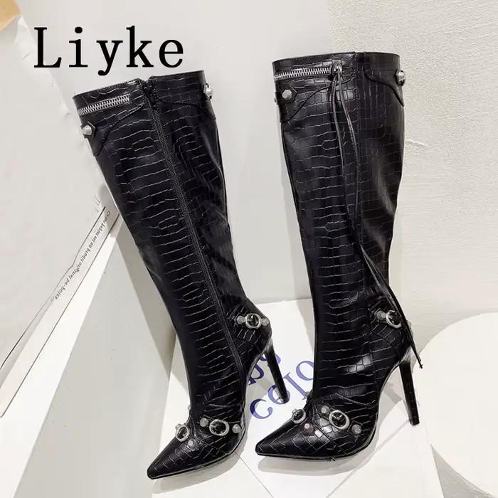 Liyke 2026 nouveau Sexy bout pointu genou bottes hautes femmes pôle danse talons aiguilles pompes mode gland Zip Rivet hiver longues chaussures