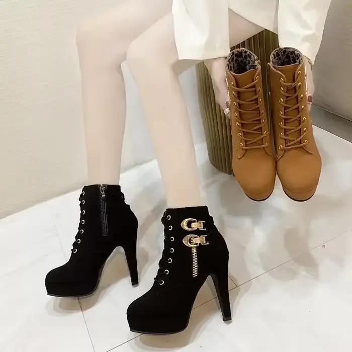 Bottes courtes à fermeture éclair latérale à lacets pour femmes