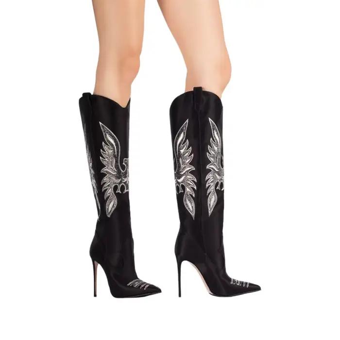 Bottes de cow-boy occidentales rétro brodées de strass à talons hauts pour femmes européennes et américaines, avec bout pointu et hauteur au genou
