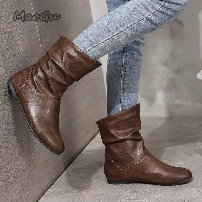 Taille 36-42 automne femmes en cuir bottes courtes sans lacet mode plissé bout rond talon bas