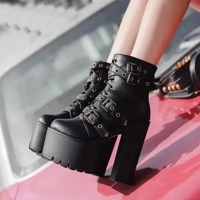 Bottes de rinçage à plateforme zippée pour femmes, talons hauts, tête ronde, cuir noir, clouté gothique, New Rock Skip Punk, chaussures pour femmes, offre