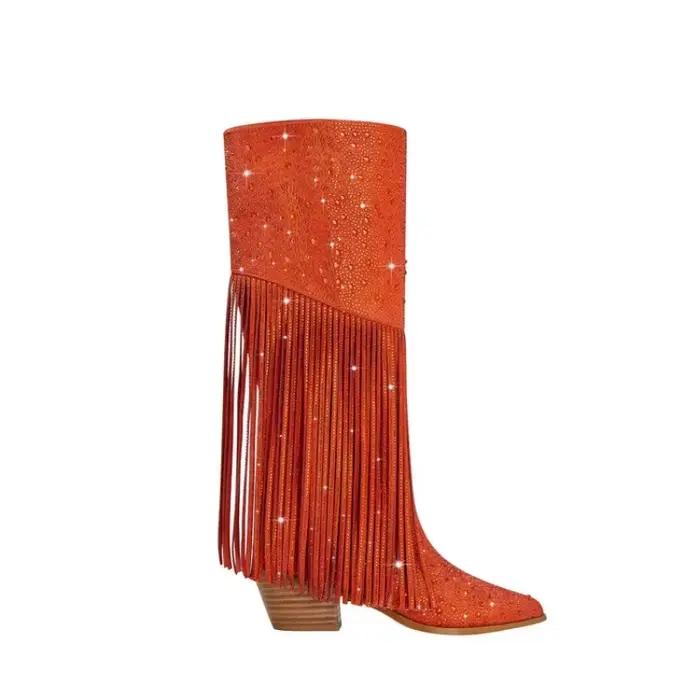 Bottes en biscuits longueur genou pour femmes, glands pointus à fermeture éclair, bottes brillantes, européennes et américaines, neuves, 35-43, 2024