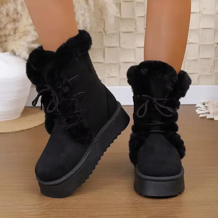 Nouvelles bottes de neige mi-cylindre pour femme, en daim de vache, avec semelle en caoutchouc, fausse fourrure douce, talon moyen et fermeture par lacets, pour printemps, automne et hiver
