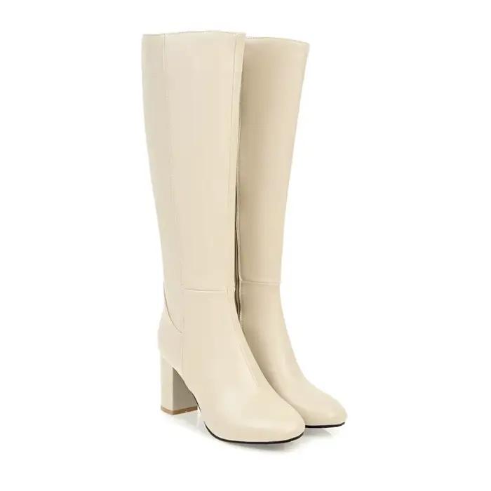Mode marron hiver femmes genou bottes hautes en cuir PU bloc talons hauts grand botte longue femme fermeture éclair dames chaussures élégant 2025