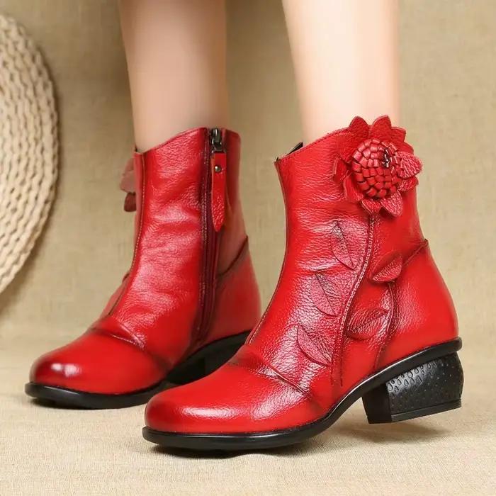 Femmes plate-forme bottes en cuir filles semelle épaisse cheville Sexy femme moto chaussures mode femme peau de vache florale bottes à talons bas