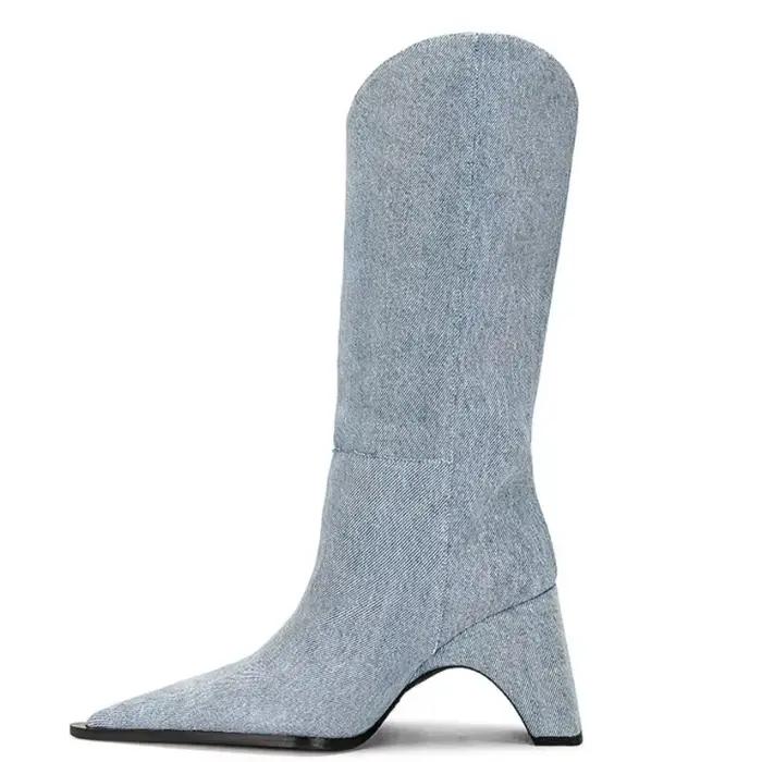 Bottes mi-mollet pointues à talon étrange en microfibre pour femmes, style rétro, couleurs mixtes, idéales pour les sorties nocturnes et les occasions spéciales